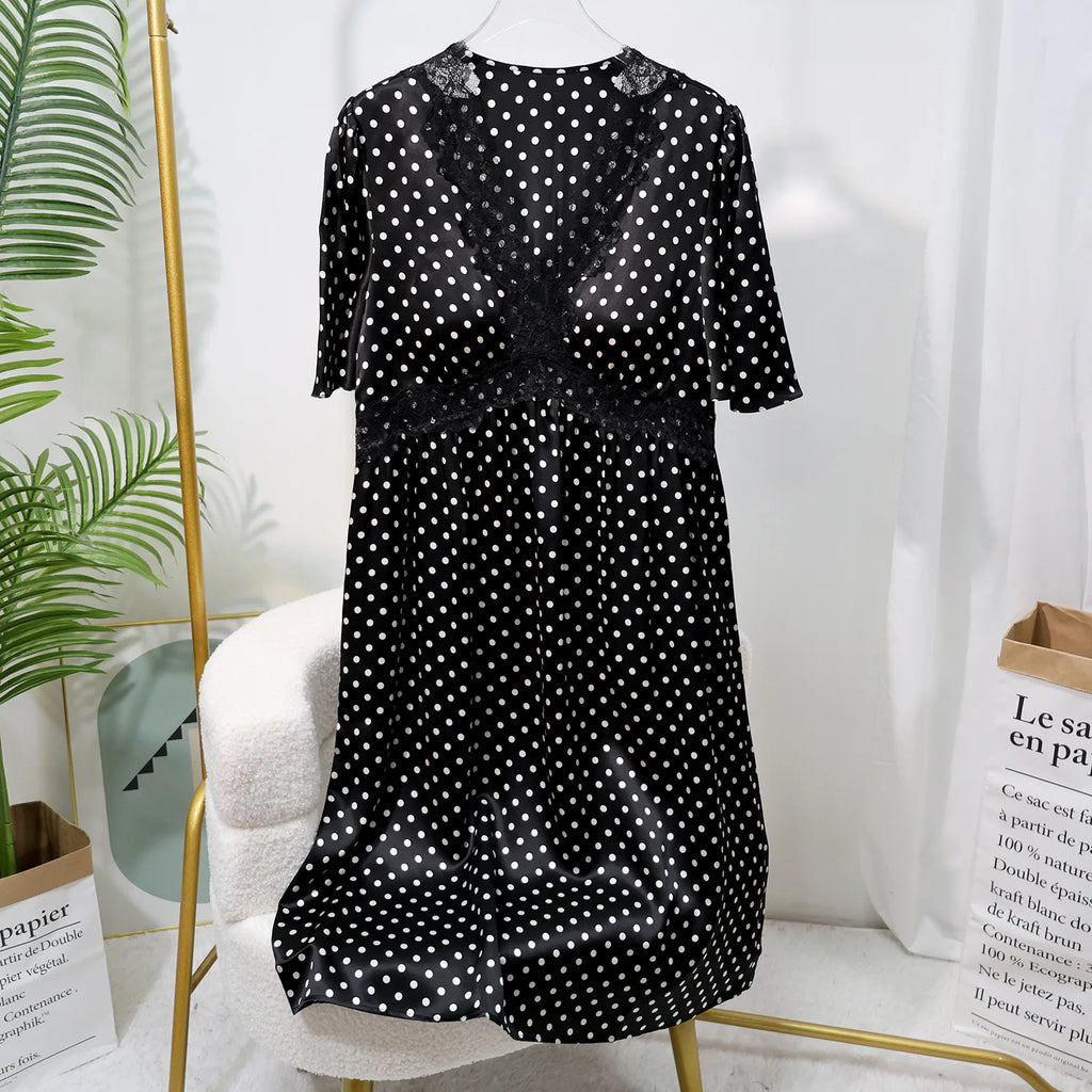 Women's 100% Mulberry Silk Nightdress Antibacterial Polka Dot Lace V-Neck with Built-in Bra Short Sleeve Loungewear