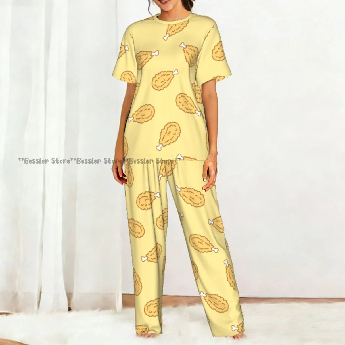 Women Pajama Sets Lounge Sleepwear Crispy Fried Chicken Pattern Short Sleeve Nightwear