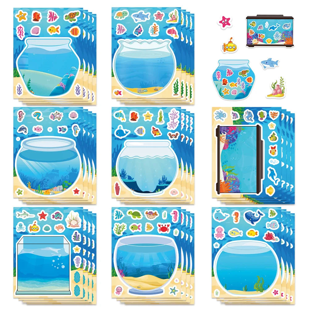 8/16Sheets Creative Fish Tank Cartoon Puzzle Stickers Kids Make Your Own DIY Game Children Jigsaw Sticker Toys Party Gifts