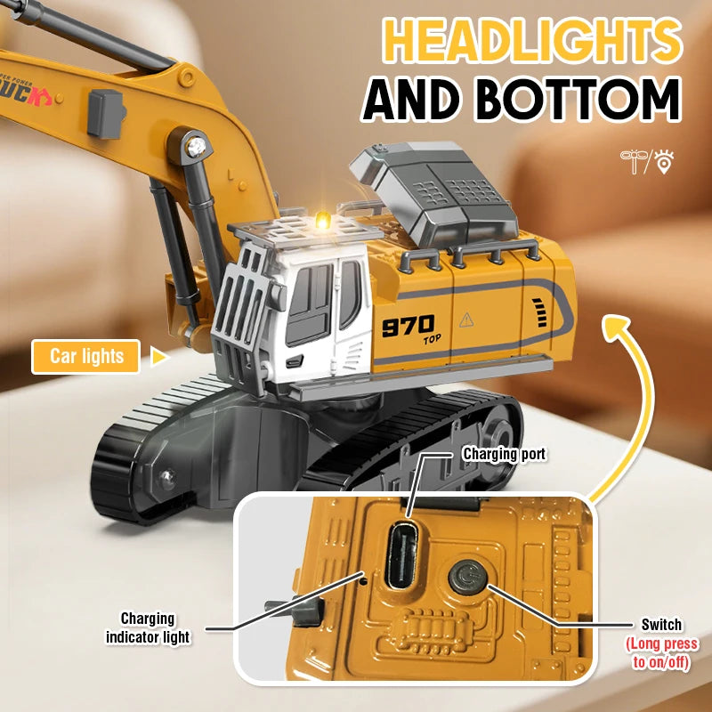 1:64 Mini RC Excavator Crawler Tipper Truck Remote Control Engineering Vehicle with Light and Sound Mini Gift Toy RC Truck