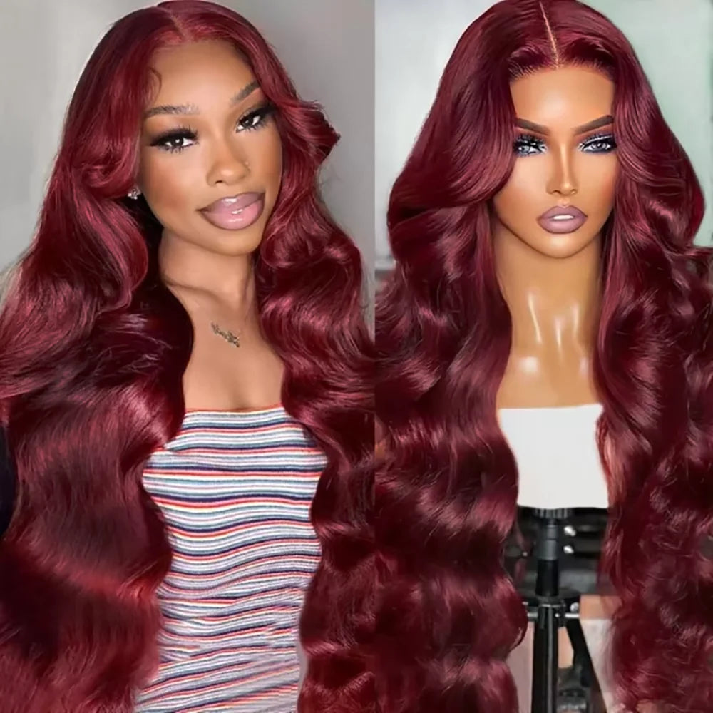 99J Burgundy Red 34 Inch Body Wave Lace Front Wigs 13x4 HD Transparent Human Hair Pre Plucked Dark Burgundy 99J Colored Wig 13x6 Lace  Wigs Pre-Plucked Body Wave Hairstyle For Women