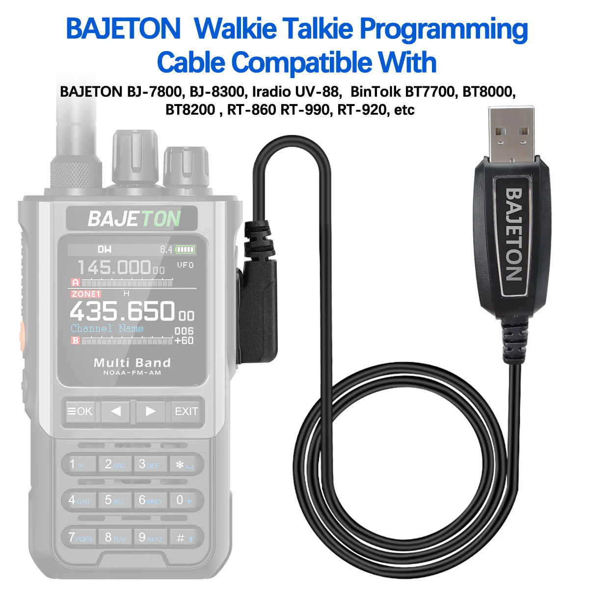 BAJETON Walkie Talkie USB Programming Cable K Plug For BJ-8300 BJ-7800 BT8200 Quansheng UV-K5(8) UV-K6  Baofeng UV-5R Mini Radio