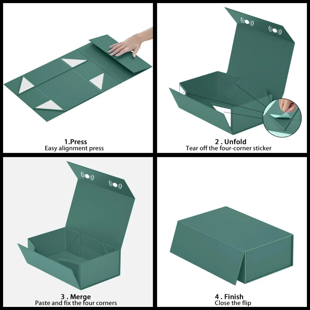 Green Gift Box with Magnetic Closure Collapsible Rectangle Present Box for Bridesmaid Proposal Wedding Christmas Halloween Birthday Gift Packaging 9.5x6x3 Inches