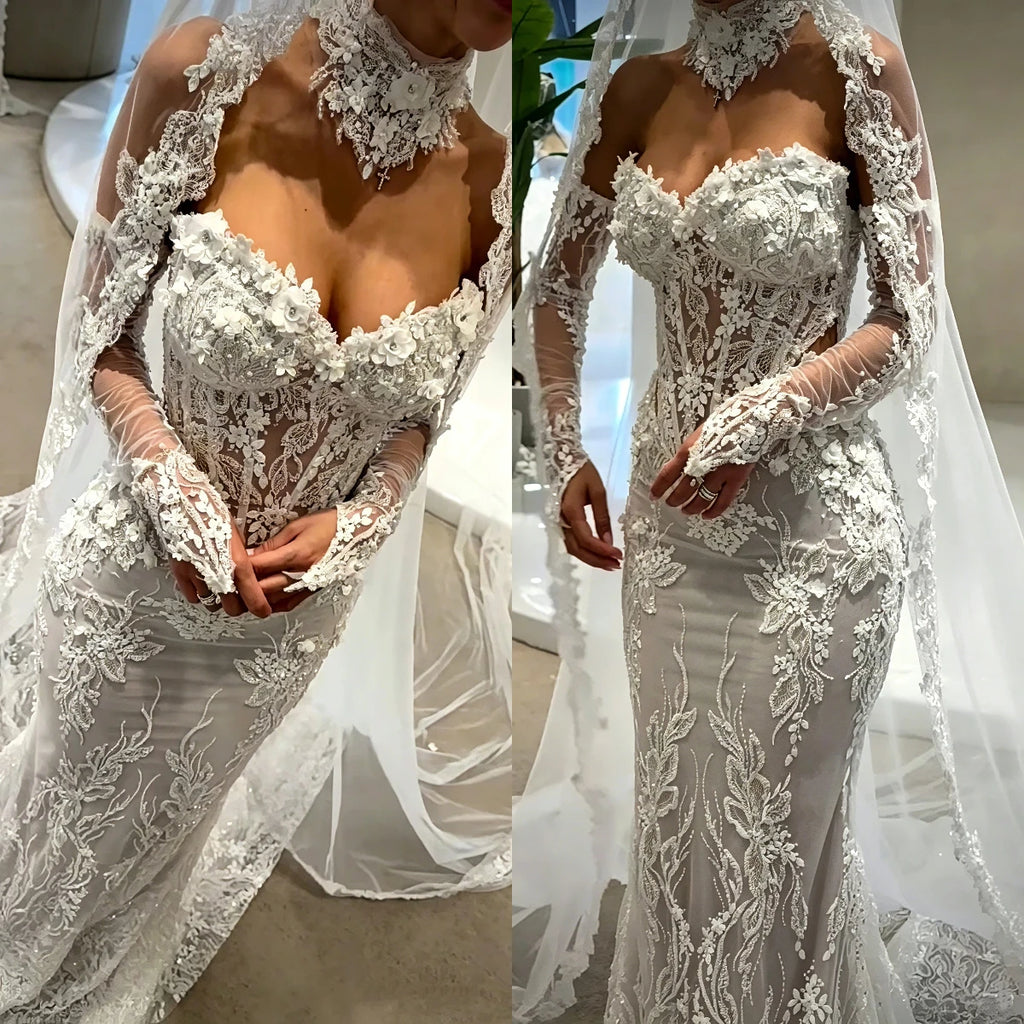 Luxury 3D Floral Lace Mermaid Wedding Dress Sweetheart Long Sheer Sleeve Sparkly Beaded Bridal Gown Vestido De Novia Customized