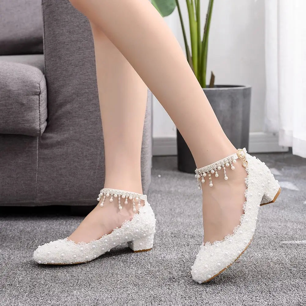 Women's Closed Toe Low Chunky Heel Pumps Ankle Strap Dress Shoes White Lace Pearls Wedding Party Dance Shoes
