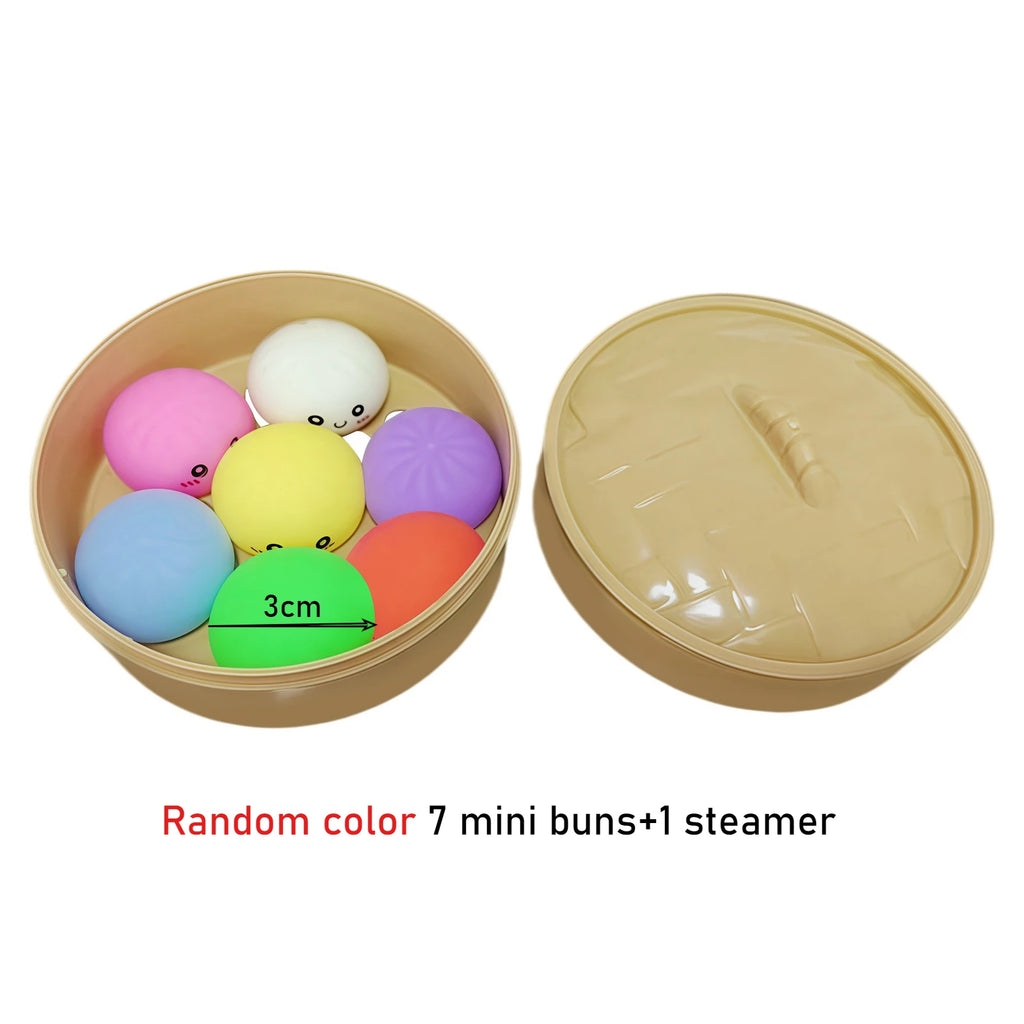 7PC Mini Dumplings with Steamer un Squeezable Toys Set Fidget Sensory Squeeze Ball Simulation Food Bun Kawaii Cute Soft Gift