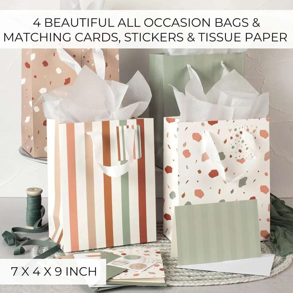 Set of 4 Medium Reusable Gift Bags with Handles Includes Matching Tissue Paper Cards Stickers for Birthday Wedding Mothers Day Presents Party Occasions