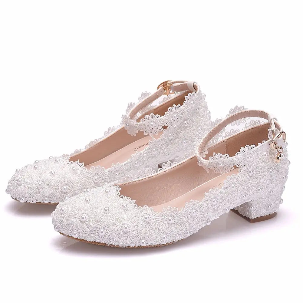 Women's Closed Toe Low Chunky Heel Pumps Ankle Strap Dress Shoes White Lace Pearls Wedding Party Dance Shoes