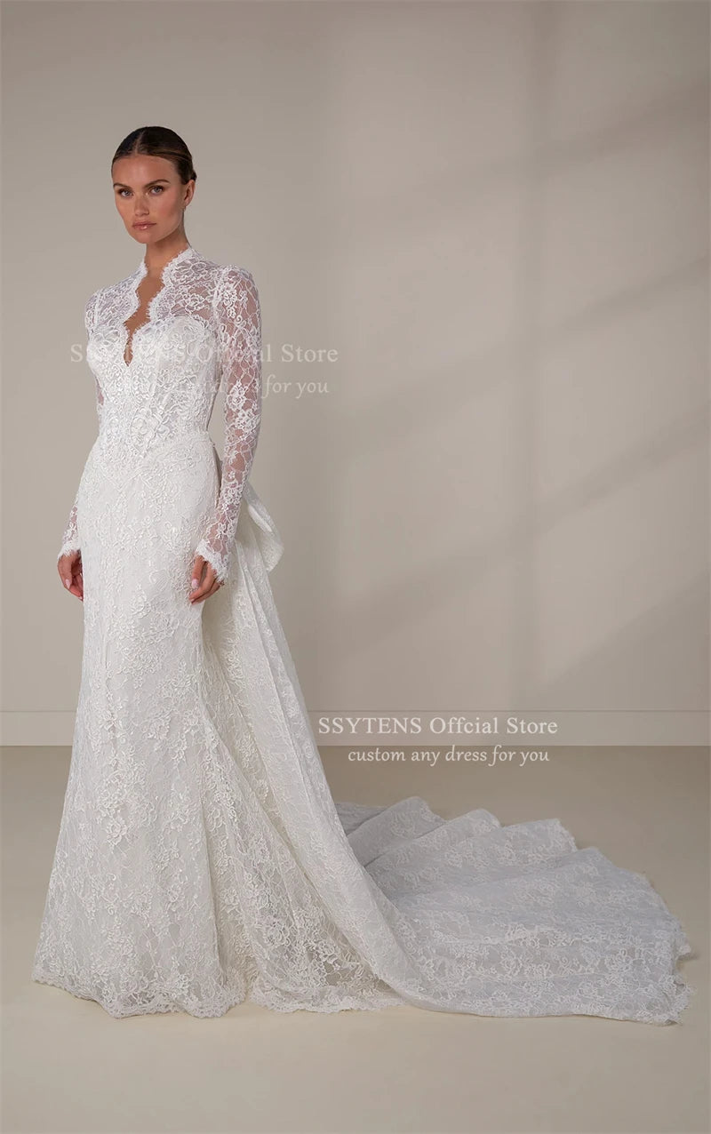 SSYTENS Luxury Lace Wedding Dresses Long Sleeves V Neck Bride Dress Detachable Bow Train Sheath Mermaid Bridal Gowns Customised