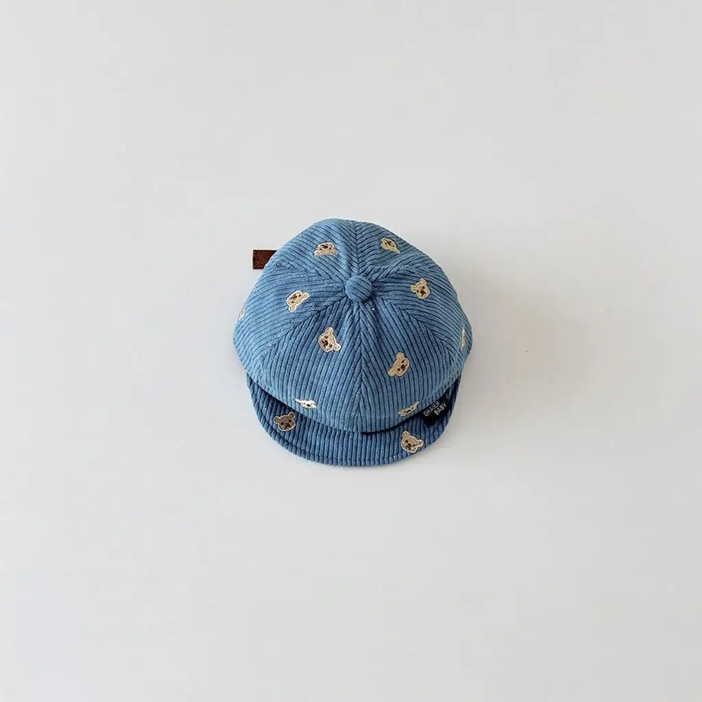 Spring Cotton Corduroy Bear Print Hat Cartoon Cute Baby Baseball Hat Solid Color Duck Tongue Cap Boys Girls Toddler Kids Hat