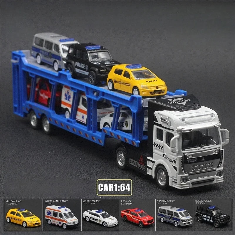An alloy double-layer transportation vehicle comes with 6 police car sets, a large truck model, with braking function, shock-res