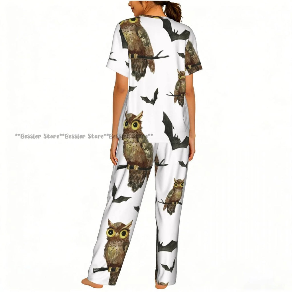 Women's 2-piece set Halloween Owls Bats Pattern Pajamas Short sleeved Top and Pants Sleepwear