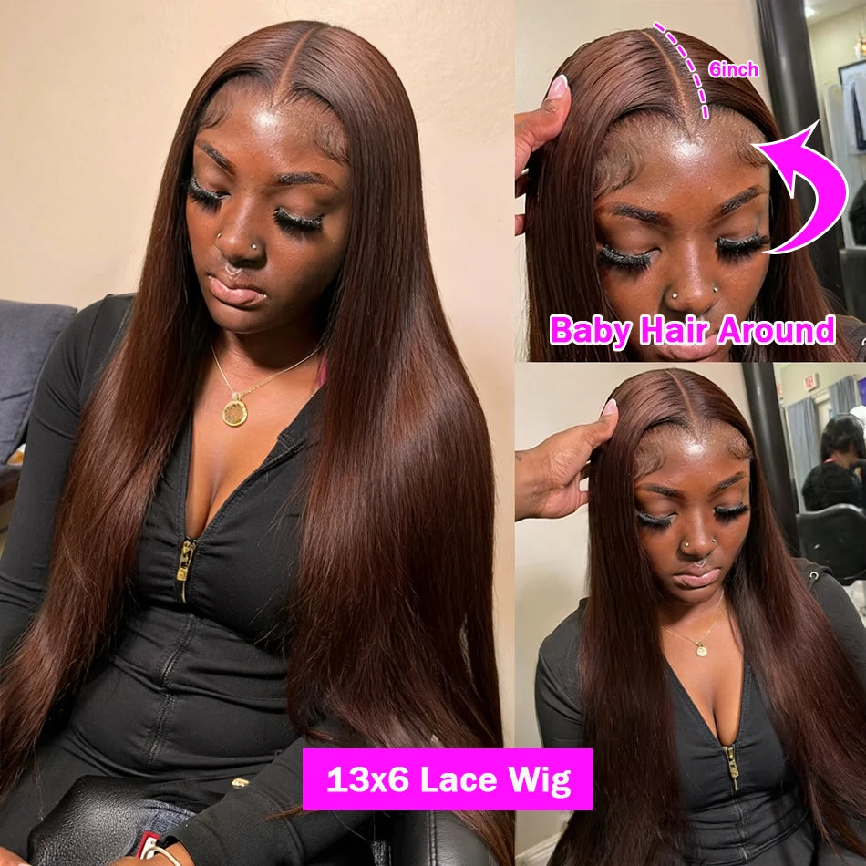 HD Chocolate Brown 13x4 Straight Lace Front Wig Brazilian 13x6 Full Lace Frontal Wigs For Women Remy Human Hair Wig Pre Plucked