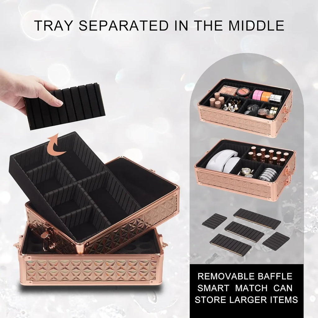 Professional Rolling Makeup Train Case Large Cosmetic Organizer With Mirror And Security Lock, Multi Layer Detachable Travel Storage Box For Cosmetologists Hairstylists And Nail Artists, Gold Holographic