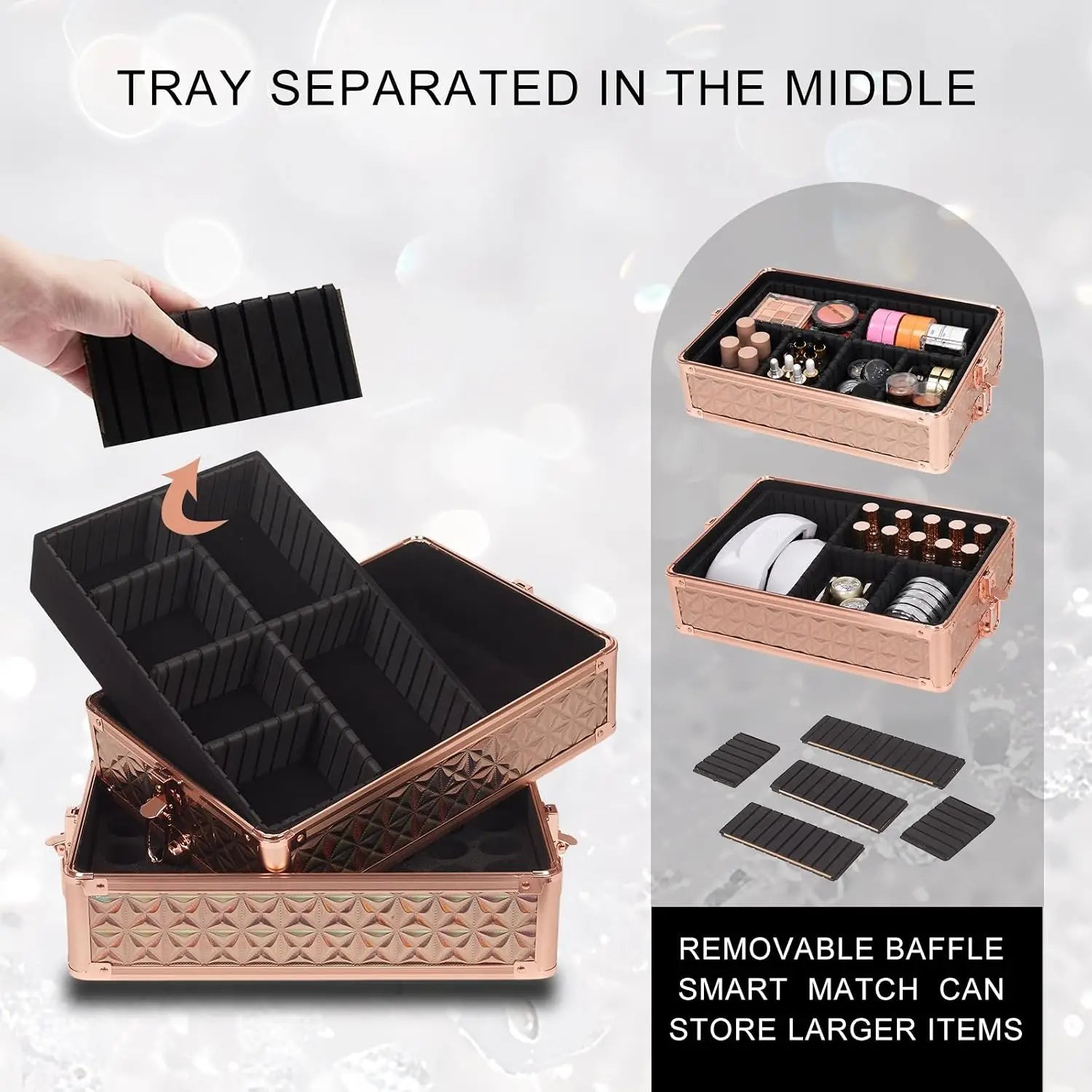 Professional Rolling Makeup Train Case Large Cosmetic Organizer With Mirror And Security Lock, Multi Layer Detachable Travel Storage Box For Cosmetologists Hairstylists And Nail Artists, Gold Holographic