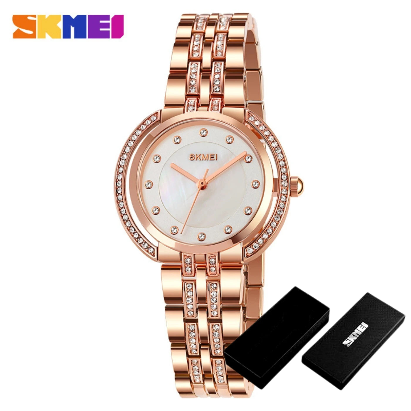 Womens Bracelet Quartz Watches Luxury Rhinestone Dial Zinc Alloy Band Analog Display 3 Bar Waterproof Fashion Wristwatch