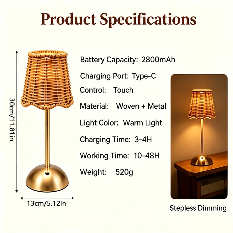Bohemian Woven Rattan Art Table Lamp, 3-Level Dimmable Design with Touch Control And USB Power Supply. Made of Metal Material, Suitable for Lighting in Bedroom, Living Room, Study And Dining Room. A Great Gift Choice for Family And Friends
