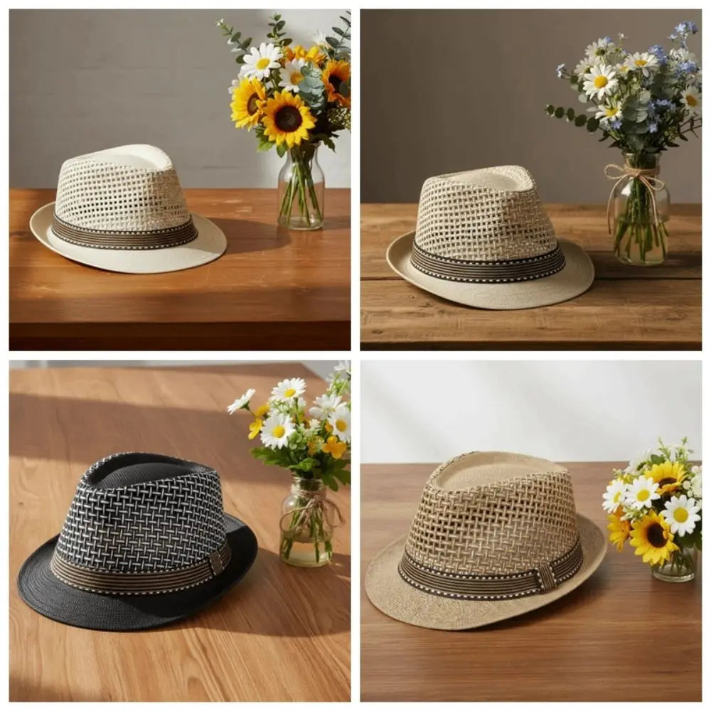 Elegant Short Brim Men Panama Hat Lightweight Breathable Woven Straw Hat Sombrero Hollow Out Vacation Beach Cap Performances