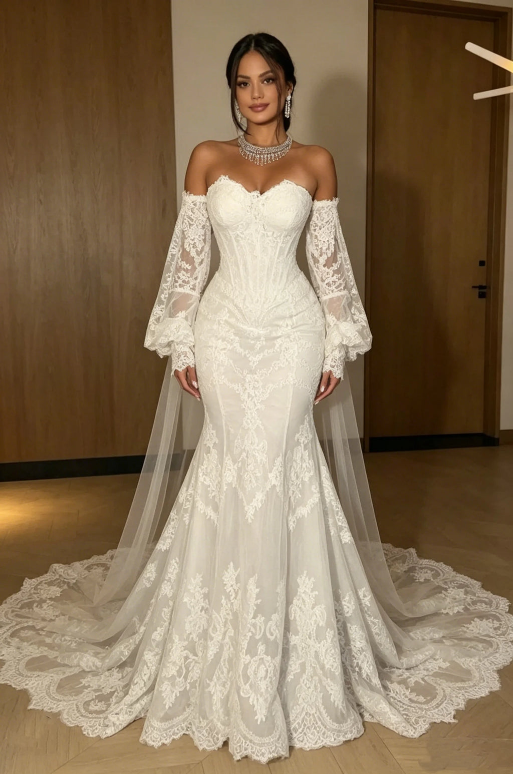 Custom 202Off Shoulder Lace Mermaid Wedding Dress Long Puff Sleeve Corset Back Bridal Gown with Cathedral Train