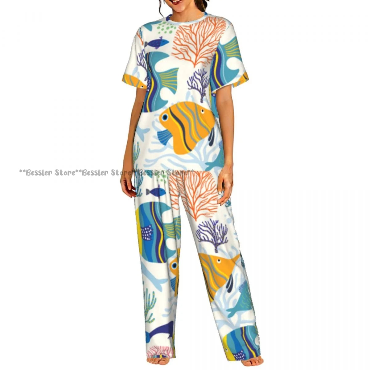 Women's Colorful Fish short sleeve trousers casual pajamas set