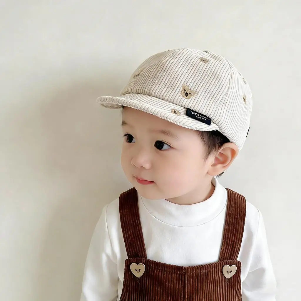 Spring Cotton Corduroy Bear Print Hat Cartoon Cute Baby Baseball Hat Solid Color Duck Tongue Cap Boys Girls Toddler Kids Hat