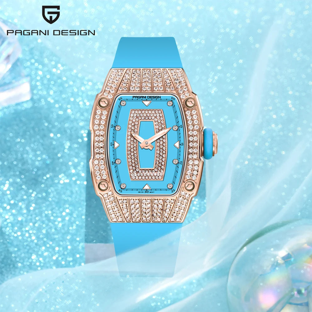 PAGANI DESIGN Top Luxury Diamond encrusted Women's Watch Fashion RubberWaterproof LuminousWine Bucket Case Women'sWatch+Gift Box