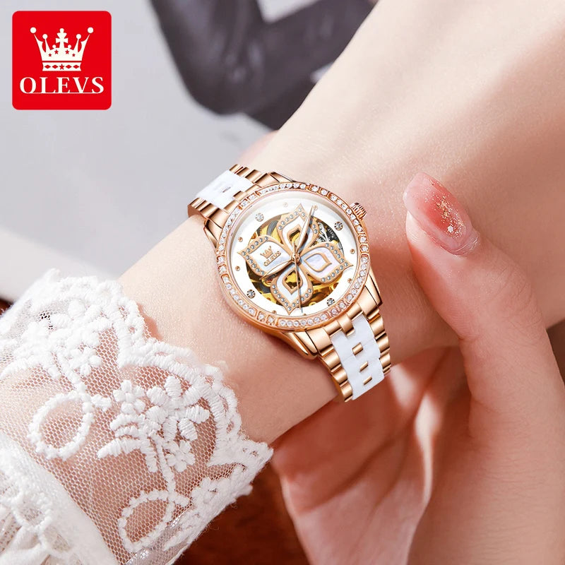 OLEVS 6612 Fashion Women's Watches Lucky Four-Leaf Clover Dial Original Brand Automatic Mechanical Wristwatch Ceramics Strap
