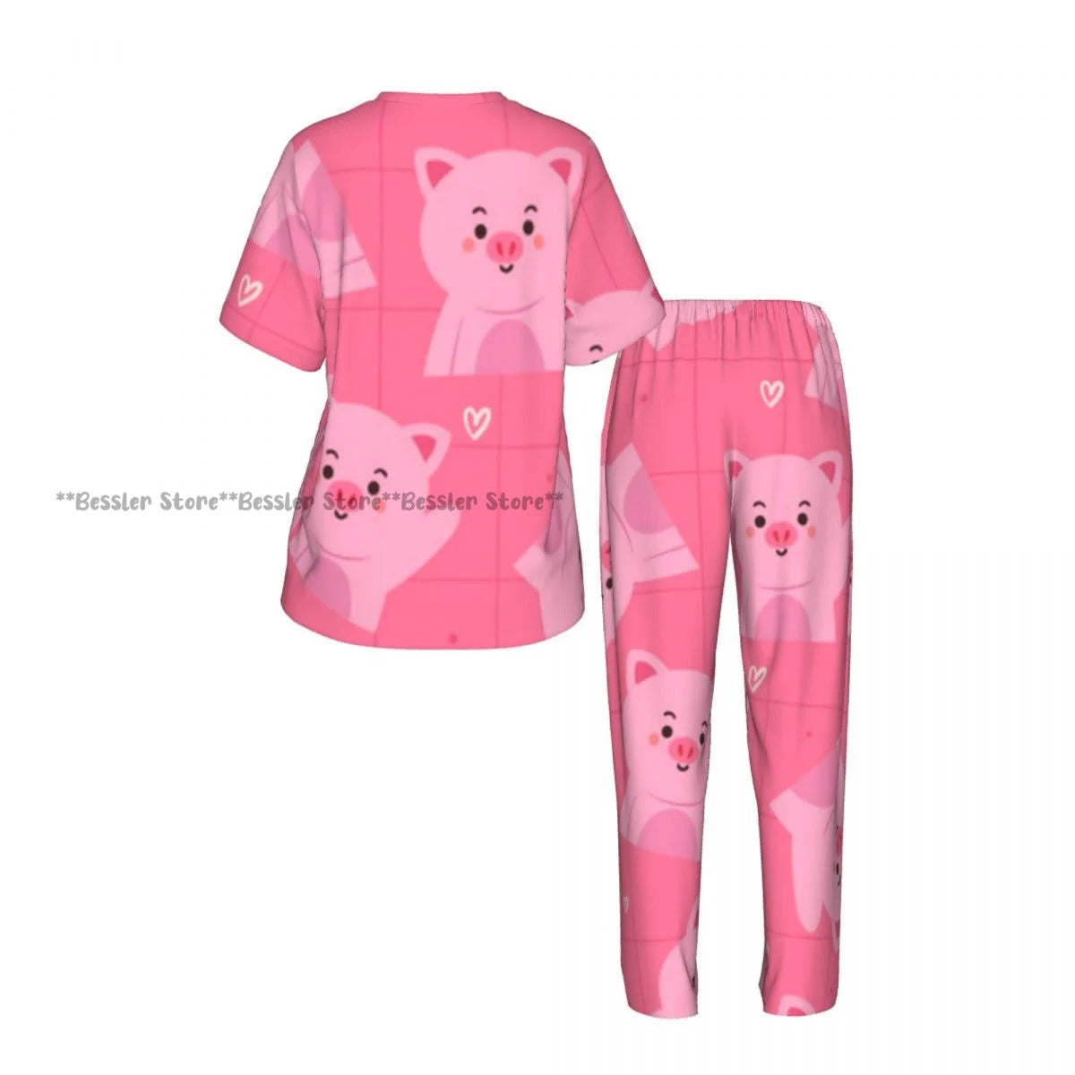 Women Pajama Sets Lounge Sleepwear Cartoon Pig Pink Background Short Sleeve Nightwear