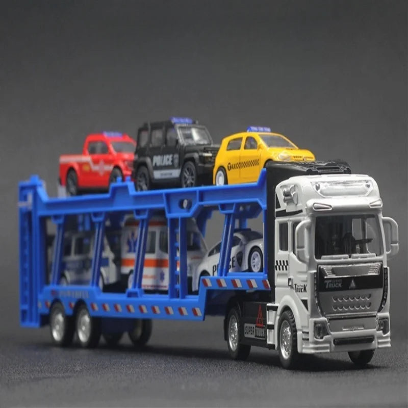 An alloy double-layer transportation vehicle comes with 6 police car sets, a large truck model, with braking function, shock-res