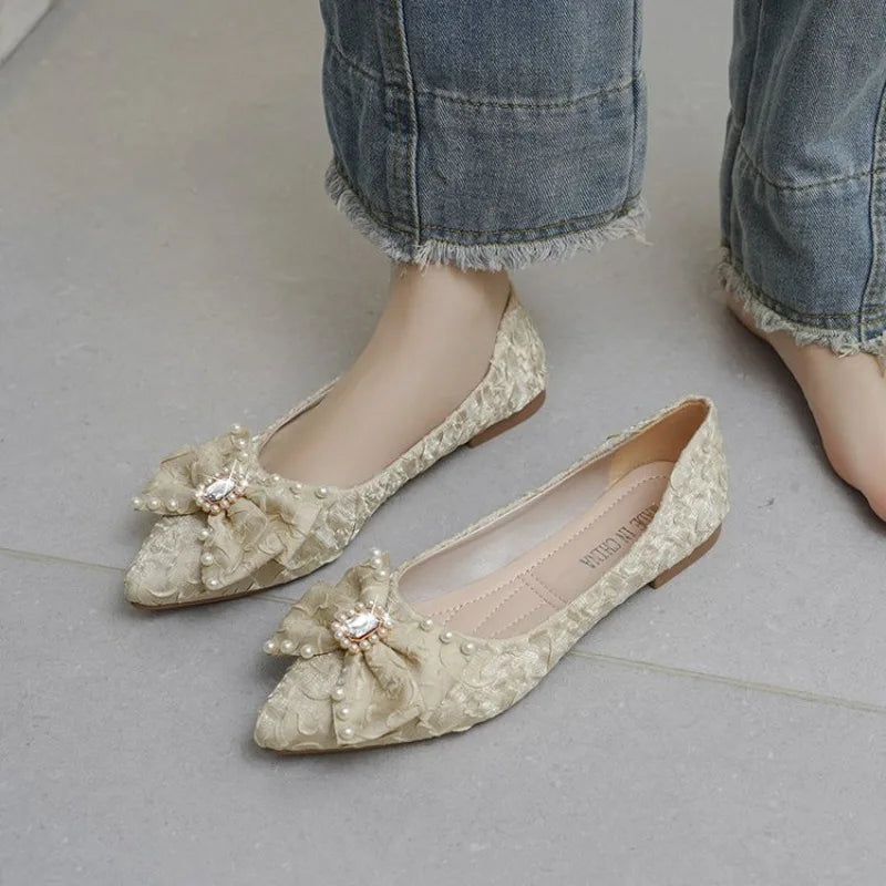 Flat Shining Shoes Womens 2026 New Bow Knot Rhinestone Fairy Style Casual Commuting Womens Comfortable Shoes Woman Shoes