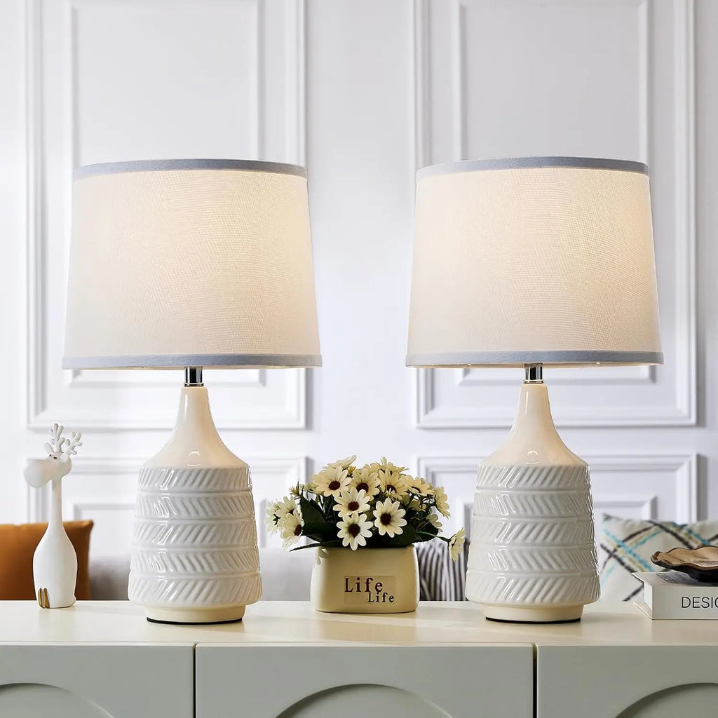 Set of 2 White Ceramic Table Lamps, 18.5" Modern Bedside Lamps for Night Stands, Farmhouse Decor with LED Bulbs