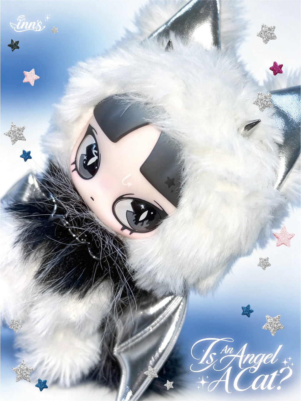 Original Inn'S Is An Angel A Cat Plush Doll Silver Wing Cat Ear Vinyl Face Doll Collectible Toy Pendant Ornament Home Decoration