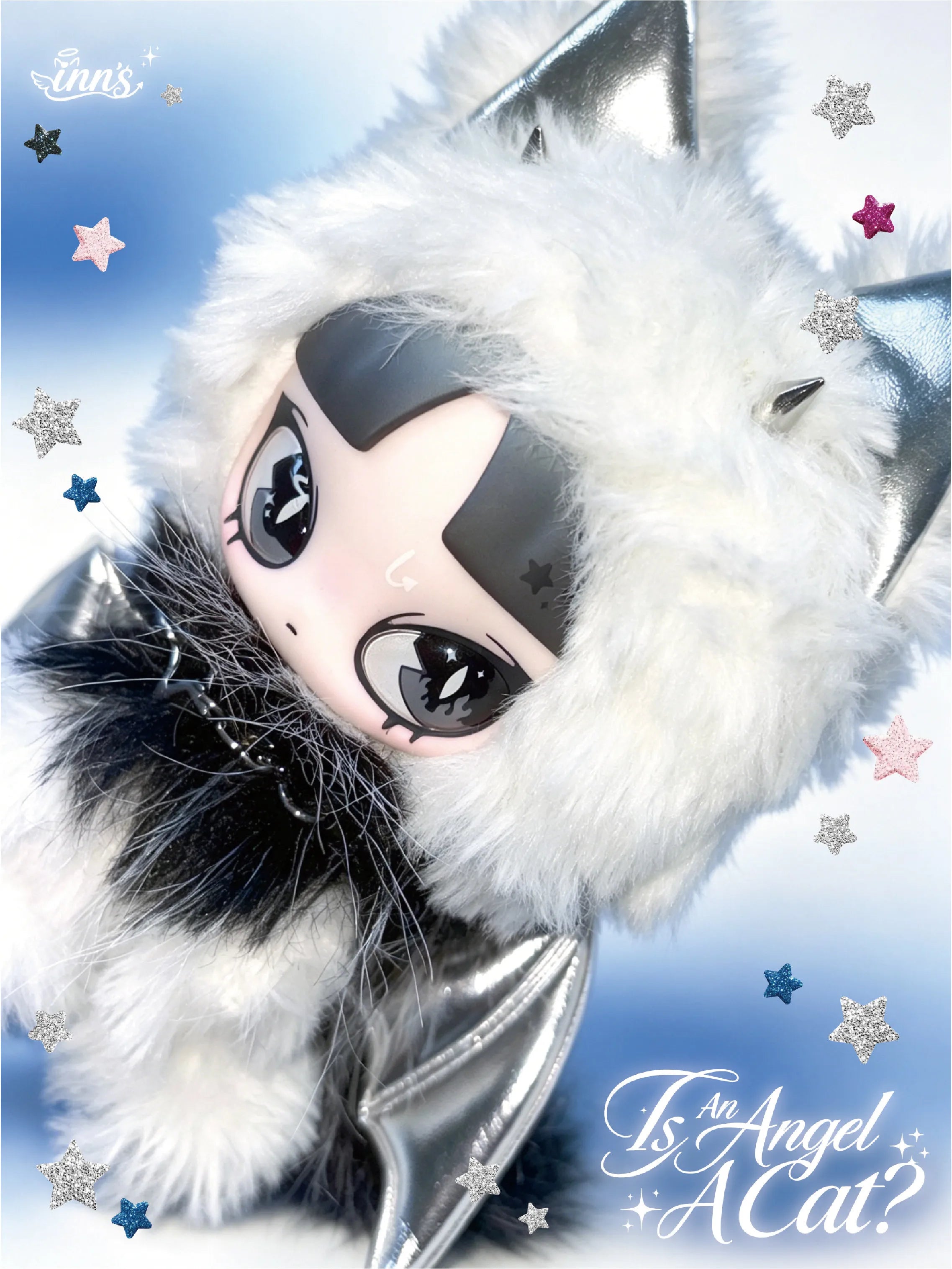 Original Inn'S Is An Angel A Cat Plush Doll Silver Wing Cat Ear Vinyl Face Doll Collectible Toy Pendant Ornament Home Decoration