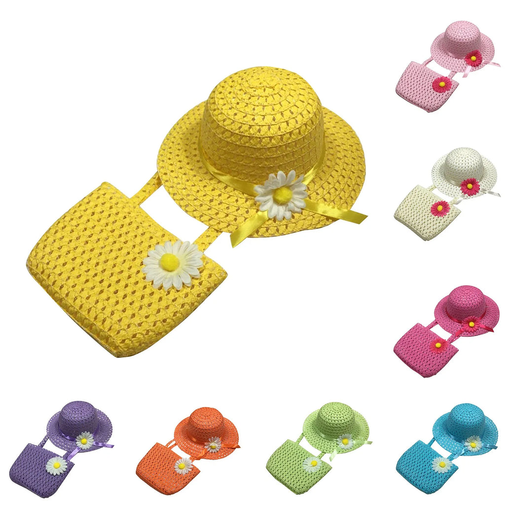 Fashionable Girl's Straw Hat Kids Sun-Protective Princess Hat Children Summer Sunscreen Hat With Portable Storage Bag