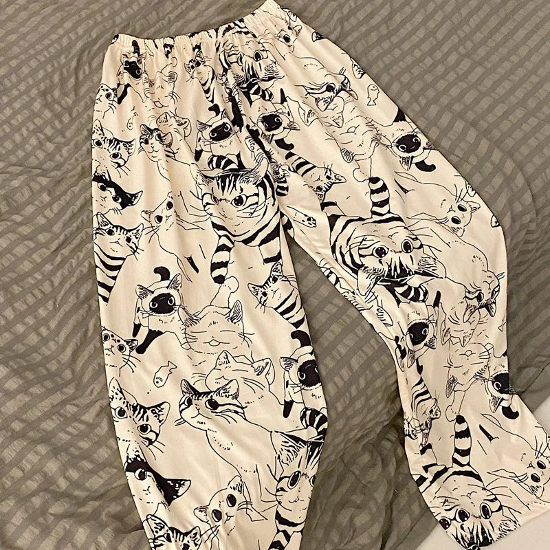 Outdoor Home Pants for Women Pajama Pants Soft Comfortable Cartoon Moe Cat Big Battle Elastic Waist Student Loose Sleeping Pants