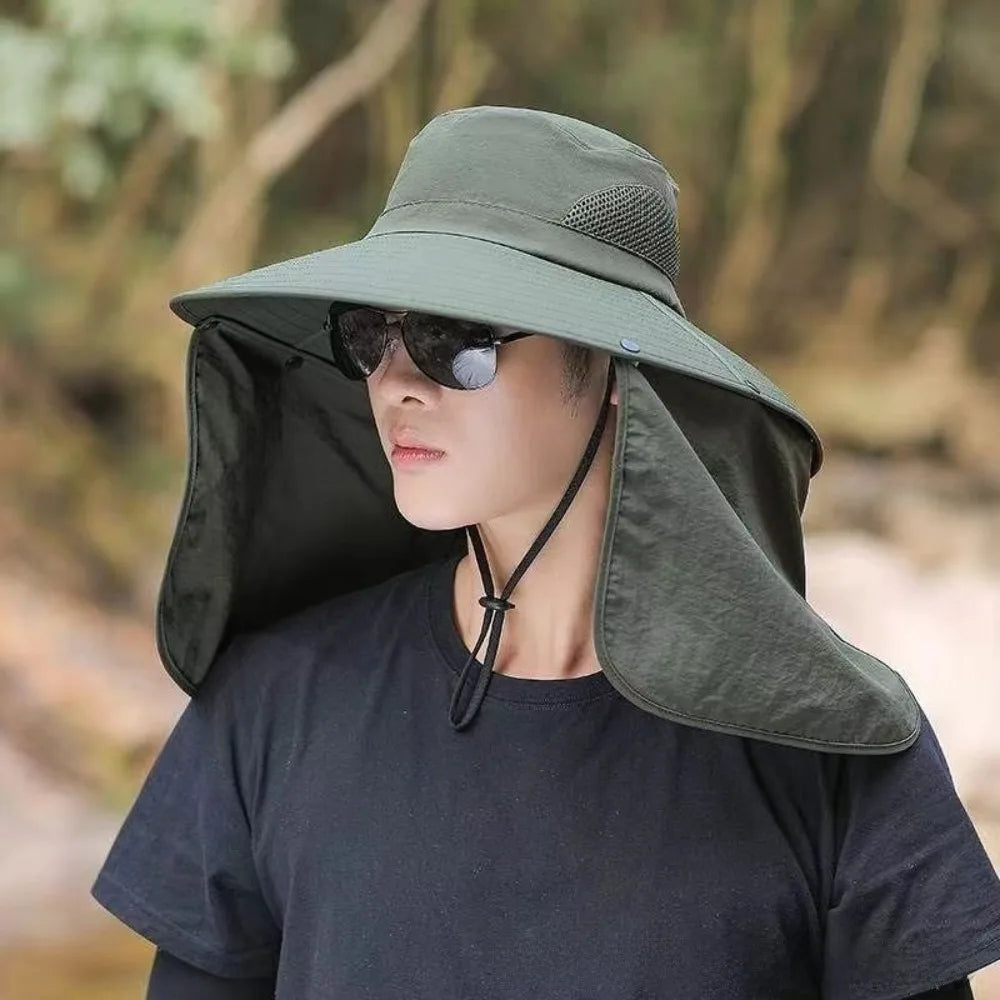Removable Cloth Men Sun Hat Big Brim Neck Protection Women Visor Cap With Lanyard Sunscreen Summer Bucket Hat Women
