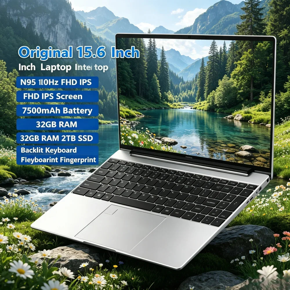 Original 15.6" Laptop Intel N95 120Hz FHD IPS Screen 7500mAh Battery 32GB RAM 2TB SSD Backlit Keyboard Fingerprint Notebook