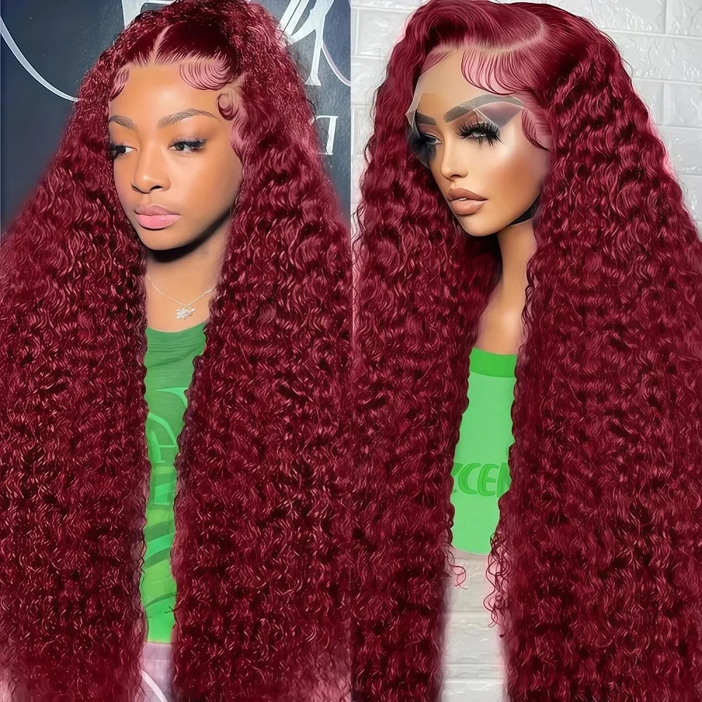 99J Burgundy Colored Deep Wave 200 Density 13x6 Transparent Lace Frontal Human Hair Wigs 44 46 Inch 13x4 HD Full Lace Front Wigs