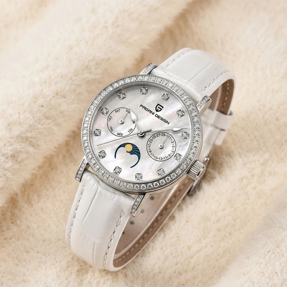 PAGANI DESIGN Women Quartz Watch Mop Dial Diamond Bezel Moon Phase Week Date Multi-function 50M Waterproof White Leather watch