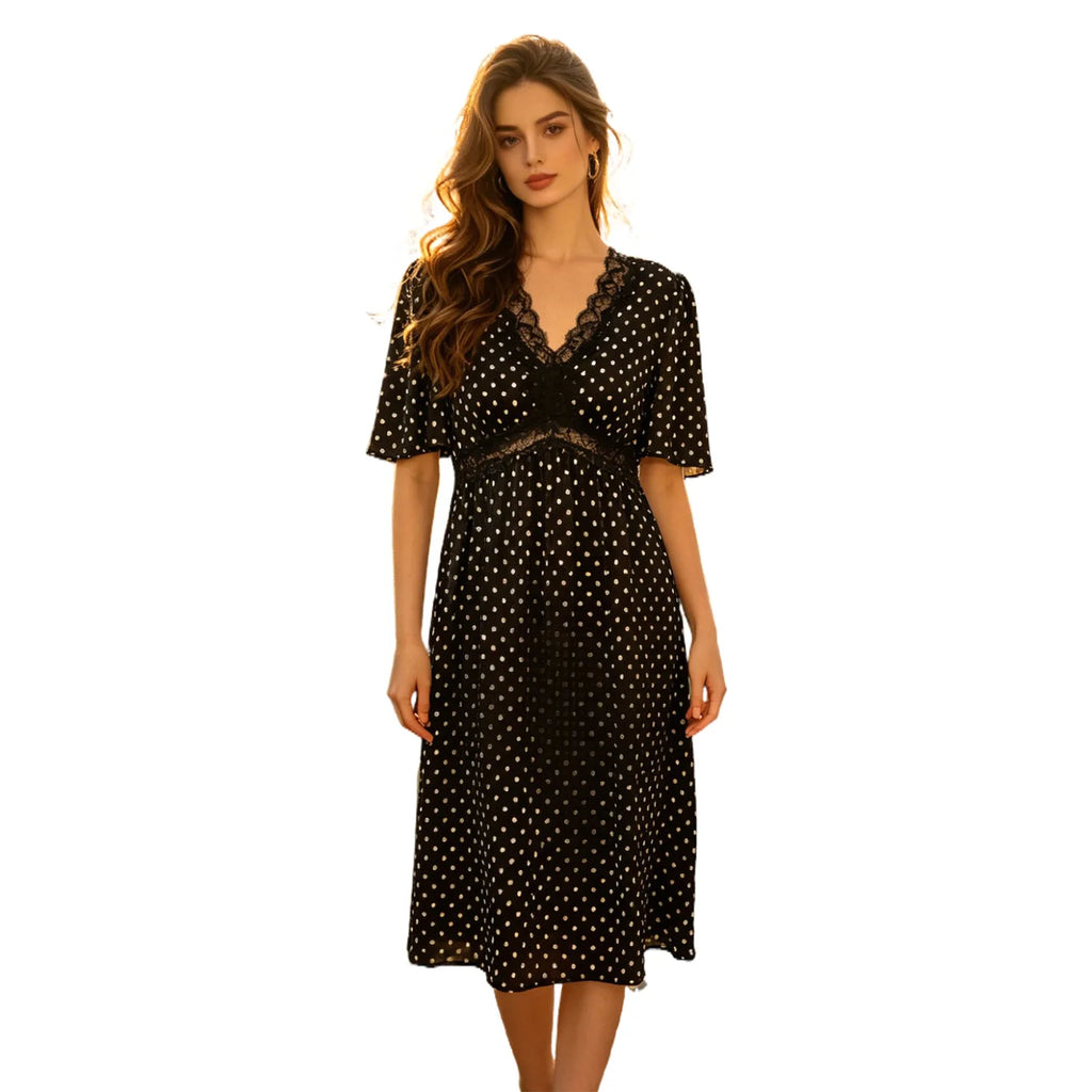 Women's 100% Mulberry Silk Nightdress Antibacterial Polka Dot Lace V-Neck with Built-in Bra Short Sleeve Loungewear