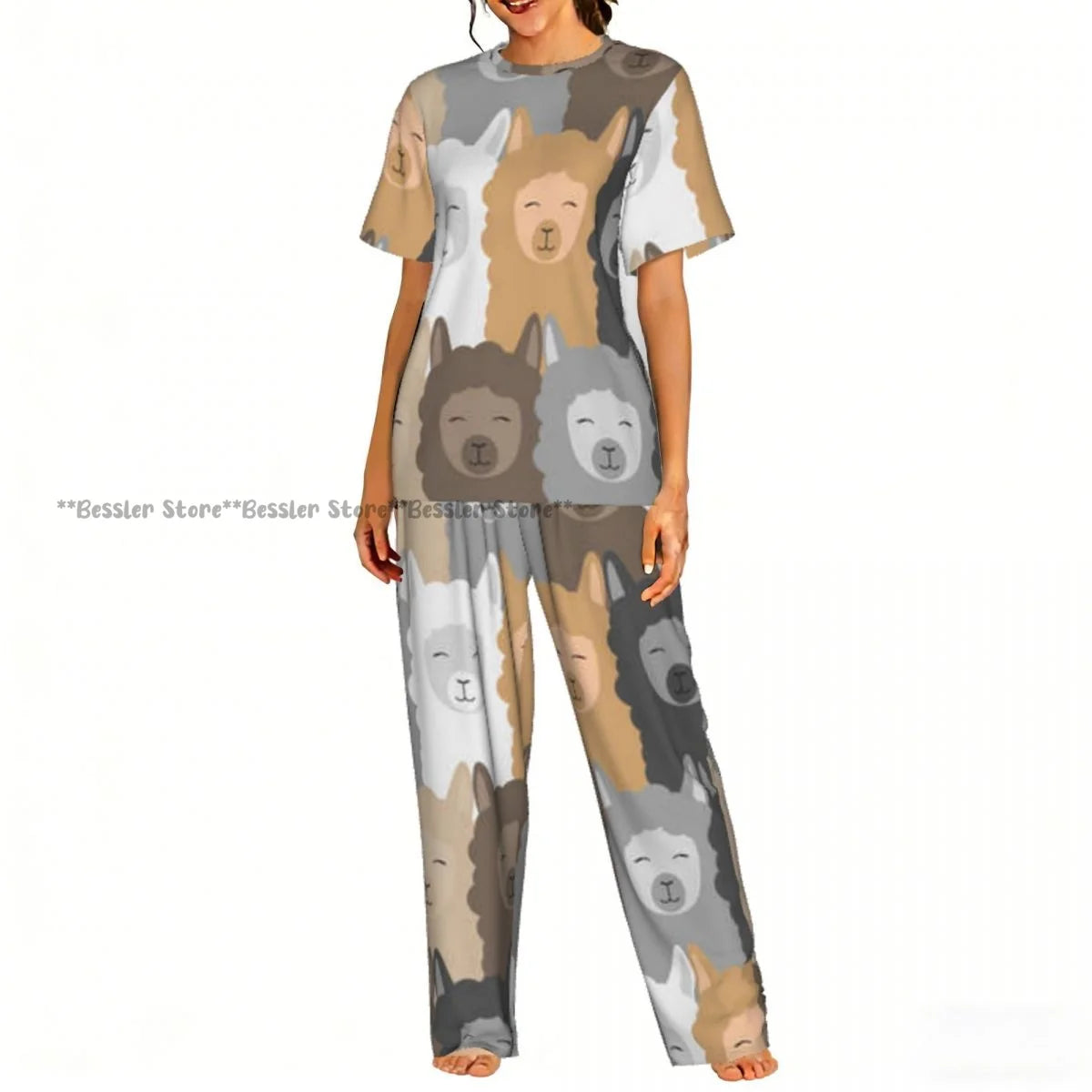Women Pajama Sets Lounge Sleepwear Fun Llamas Cacti Mountains Garlands Short Sleeve Nightwear