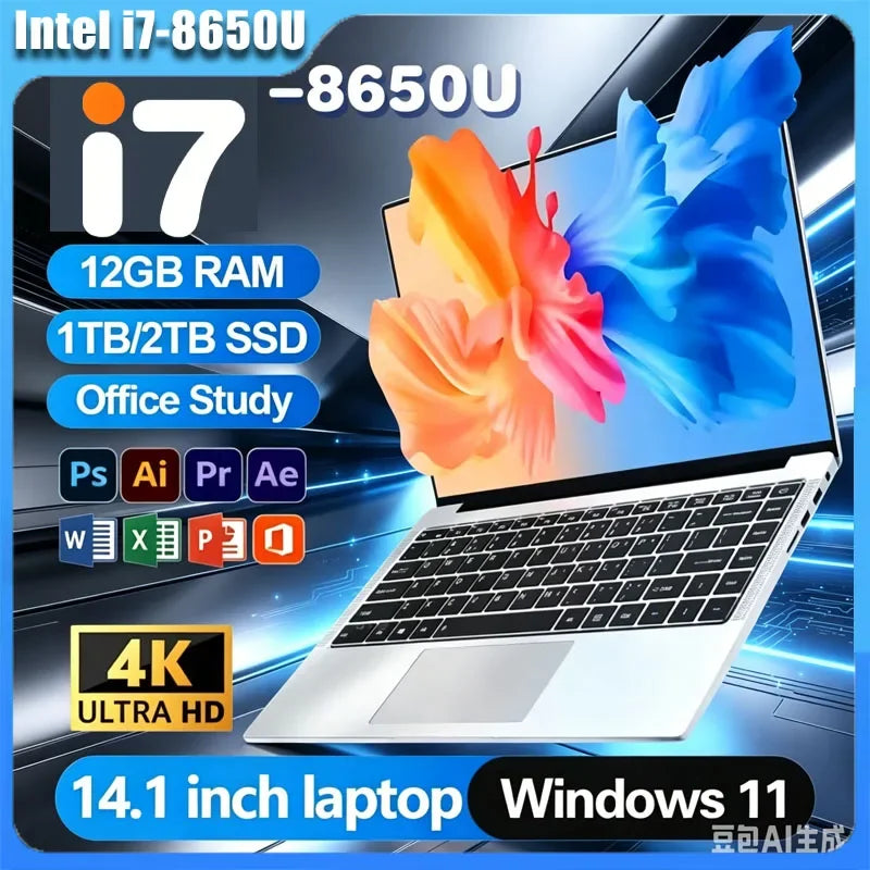 2026 New 14.1 Inch Ultra Thin Laptop Win11 Intel Core I7-8650U 16GB 32GB DDR4 RAM 2TB SSD Portable Business Office Notebook PC