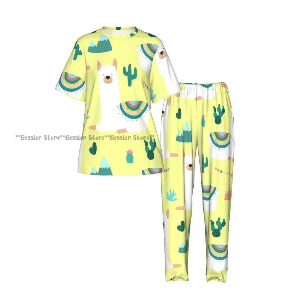 Women Pajama Sets Lounge Sleepwear Fun Llamas Cacti Mountains Garlands Short Sleeve Nightwear