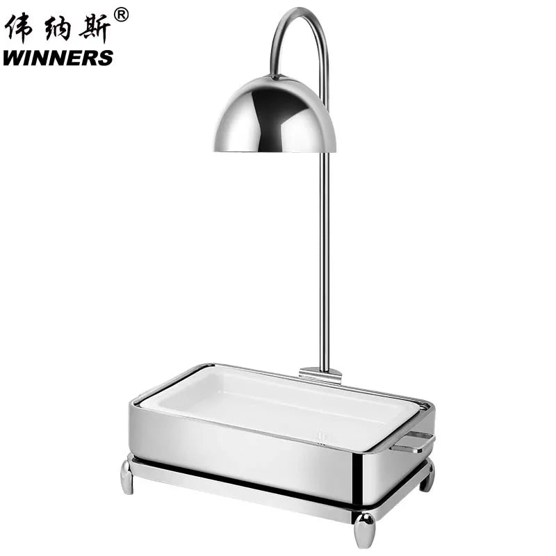 Luxury Silver 304 Stainless Steel Buffet Food Heat Preserving Lamp Food Warmer Set with Ceramic Food Basin for Wedding
