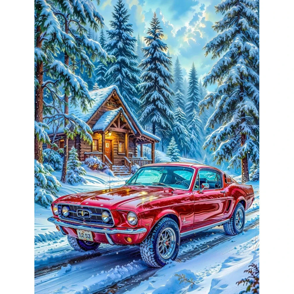 500/1000/1200/2000 PCS Jigsaw Puzzles Red Car in the Snow Scenery Family Activity Relaxing Games for Living Room Home Decor Gift