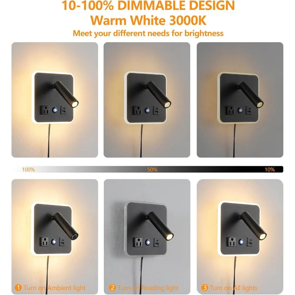 Adjustable Dimmable LED Wall Reading Lamp with Dual USB Ports, 3000K, Black - Ideal for Bedroom and Hotel Use