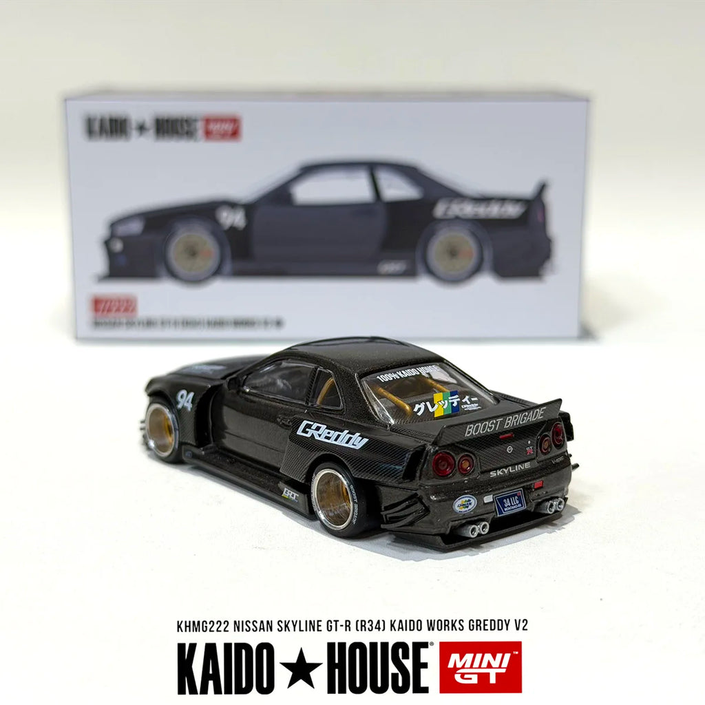 Mini GT x Kaido House 1:64 Nissan Skyline GT-R R34 Kaido Works Greddy V2 Full Carbon Diecast Model Car Item#KHMG222 In Stock