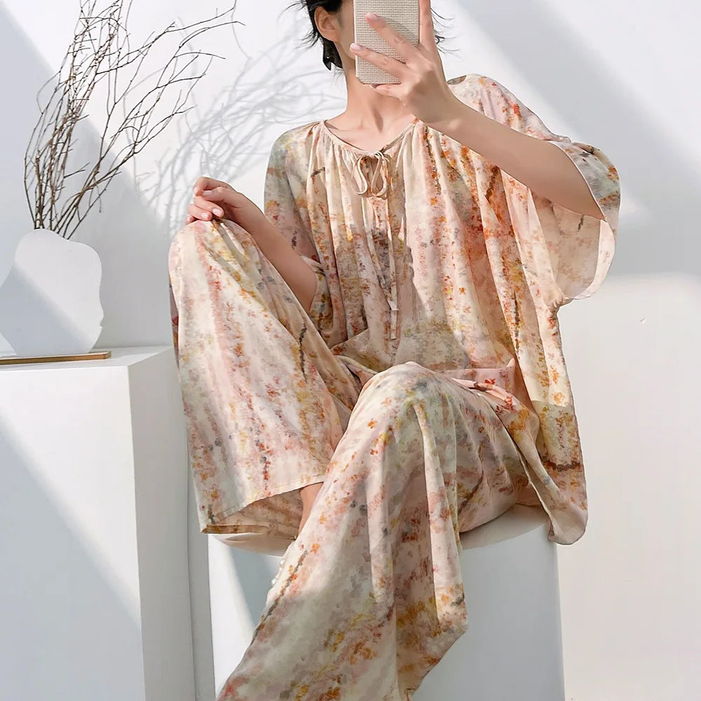 Hot 2026 Spring Summer New Women Cool Comfort Sleepwear Set Fashion Printed Loose Wide Leg Pants Large Home Clothes Two Pieceset
