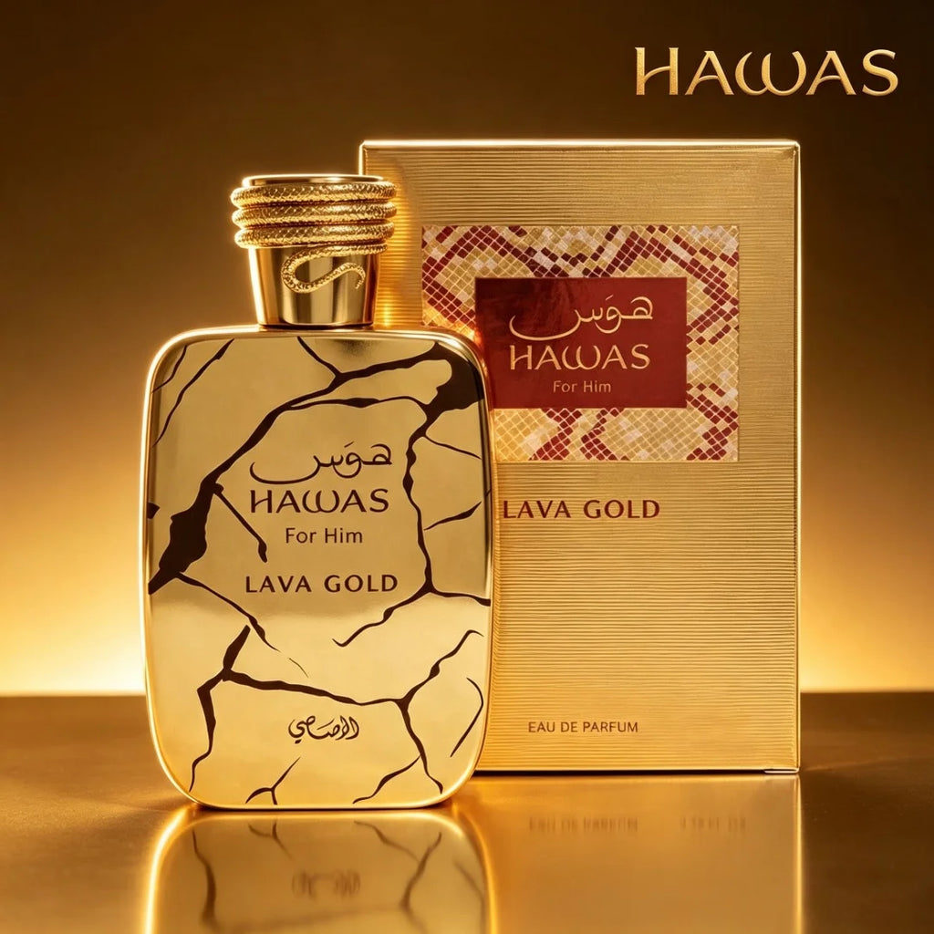 Hawas Lava Gold by Rasasi 100ml Men’s EDP Oriental Woody Perfume, Pineapple Apple & Oud Scent