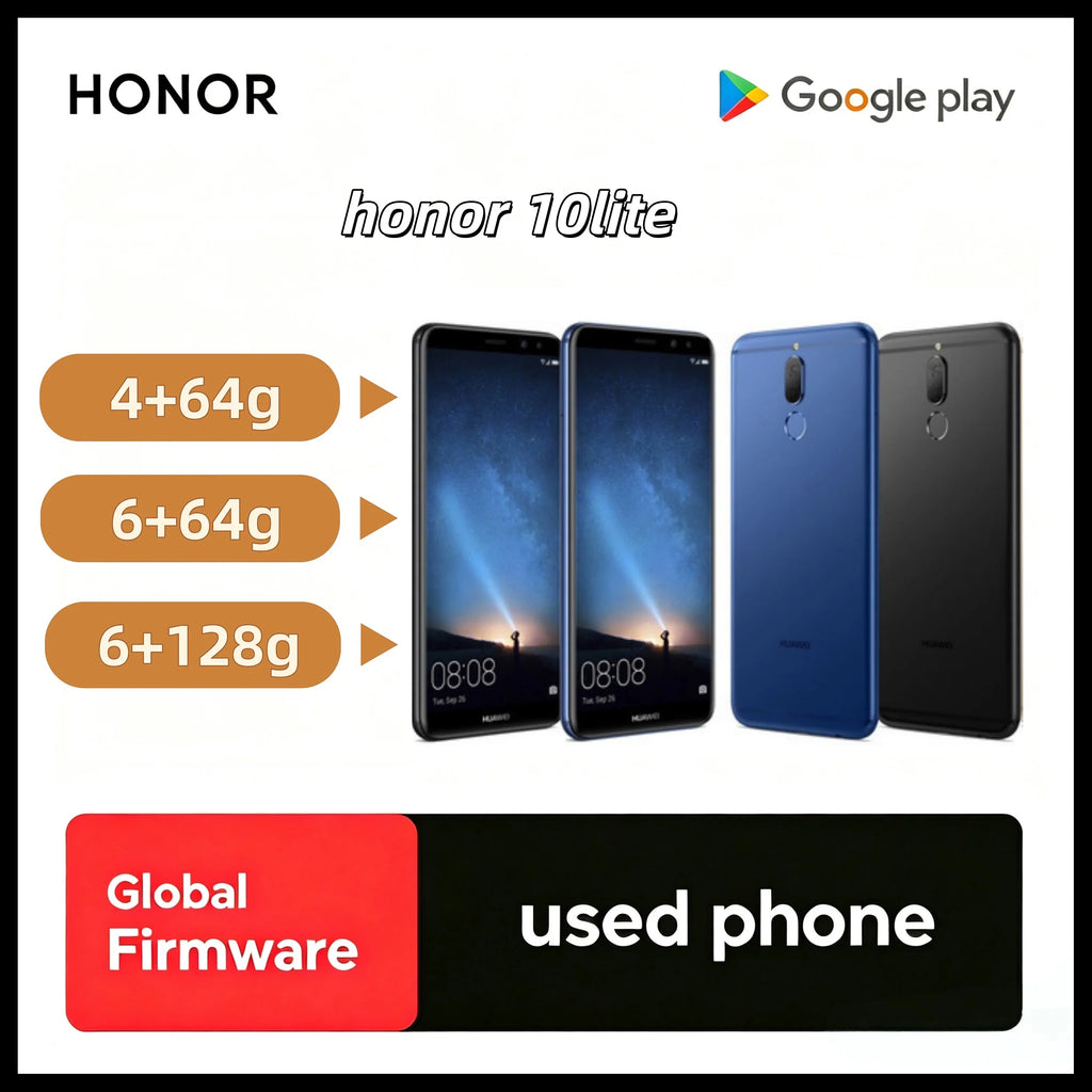 Honor 10 Lite 4G LTE Unlocked Smartphone Global ROM 6.21" Dewdrop Screen Kirin710 24MP Front Camera 13MP  used phone